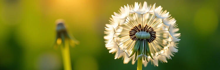 delicate wispy dandelion seed head bursts intricate golden anthers fluffy white parachutes set soft focus blur