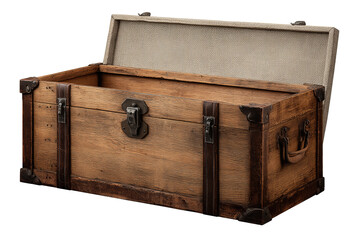 Wooden storage trunk featuring leather accents, metal hardware and fabric lining, rectangular shape with slightly open lid, isolated on transparent background.
