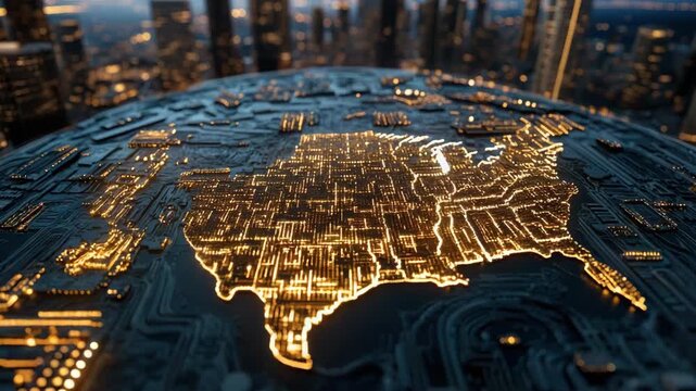 Aerial view of illuminated urban map highlighting city lights and intricate patterns at night