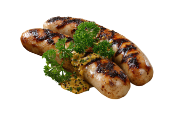 Two grilled bratwursts with crosshatched char marks, served with coarse mustard and parsley, isolated on transparent background.