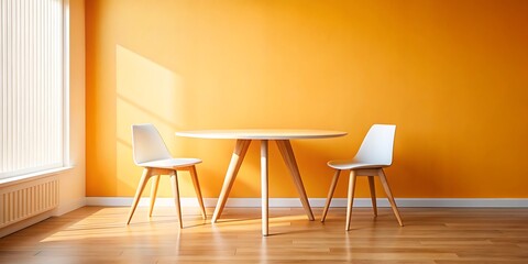 A cozy dining area with an orange wall, a small wooden table, and two chairs bathed in sunlight.