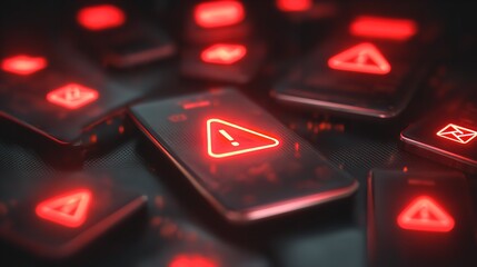 A chilling cluster of phones flashing red alert warnings signaling a critical security breach and a digital crisis with