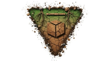 Cracked Earth Cube with Roots in Triangle of Soil and Scattered Stones