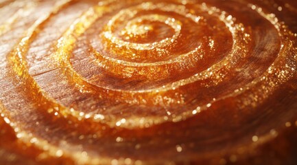 Close-up of a golden-hued wood slice, concentric rings