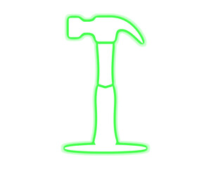 Green neon hammer tool glowing construction equipment symbol on transparent background