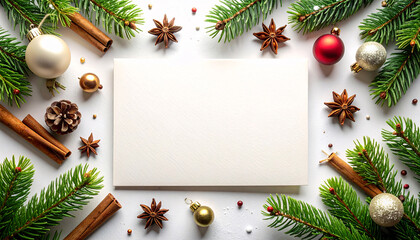 Flat Lay Christmas Greeting Card with Pine Branches, Cinnamon Sticks, Star Anise, Pinecones, and Festive Ornaments for Holiday Background, Winter Celebration Invitation, or Seasonal Decoration Scene