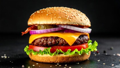 Delicious gourmet burger on dark background