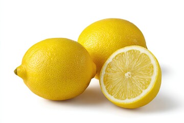 Two whole lemons and a lemon slice against a white background