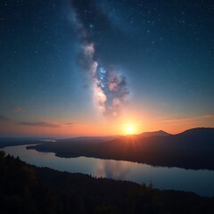 Fototapeta premium Majestic Milky Way Over Serene Lake at Golden Hour Sunset