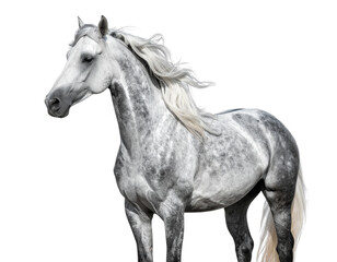 Obraz premium Golden Croissant on White Plate, Side Profile View, isolated on transparent background.jpg - White Andalusian Horse with Raised Head and Flowing Mane, Angled View, isolated on transparent background