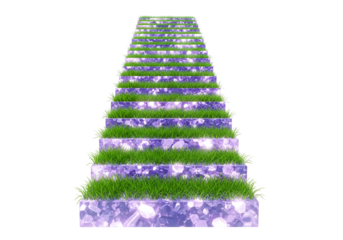 A stairway design featuring vibrant green grass growing on steps of a translucent, amethyst-purple material, creating a whimsical and surreal effect.