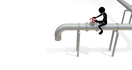 パイプのバルブを操作する作業員のイラスト。流れる液体やガスの流れを調整する作業、制御、メンテナンスの様子を象徴的に表現しています。工業、建設、インフラ、エンジニアリングなどのテーマに最適です。