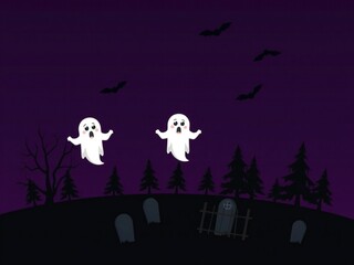 Two cute cartoon ghosts floating over a spooky graveyard at night