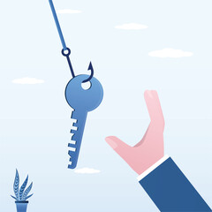 Fishing hook with key. The concept of a key trap, fake access, bait. User hand want to take giant key. The problem of phishing, scam, data and password theft.