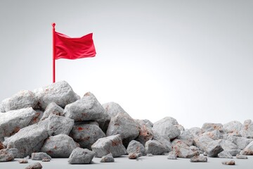 A red flag atop a pile of gray rocks against a light gray background. The flag billows slightly, signifying a summit reached.  A sense of achievement and overcoming obstacles is portrayed