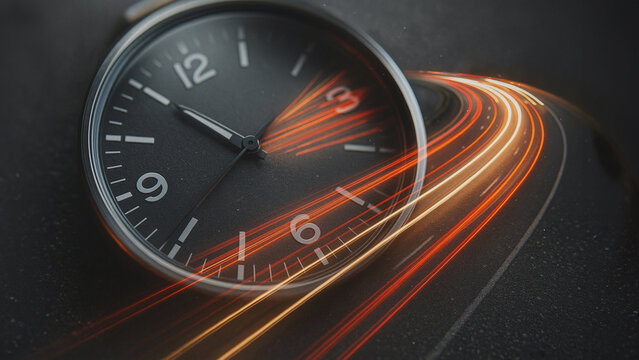 Time Travel: An artistic depiction of time passing, a sleek watch face is placed centrally, with glowing light trails mimicking the passage of time and a winding road.