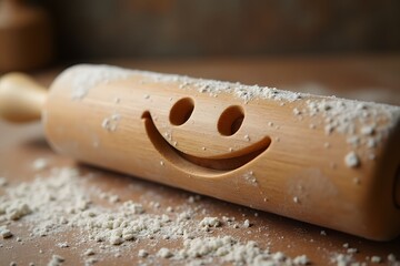 A rolling pin with a grinning face etched on it.
