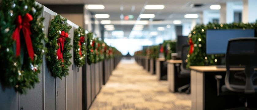 A festive office corridor decorated with evergreen wreaths and red bows, creating a cheerful holiday atmosphere in a contemporary workspace.