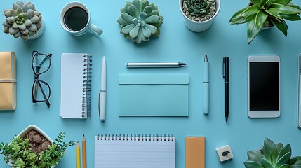 Desk accessories arranged in a flat lay composition on a blue background