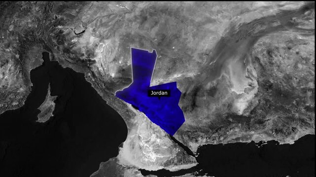 Blue jordan country highlighted on a grayscale earth map with surrounding countries visible