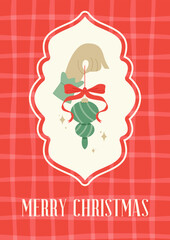 Christmas Greeting Card Template. Hand Holding a Christmas Toy with a Coquette Bow. Flat Vector illustration.