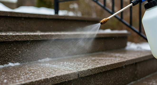 Applying Liquid Brine De-Icer to Stone Steps &ndash; Close-Up Winter Task