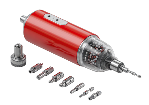 Red cordless screwdriver with various bit attachments