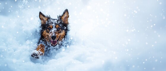 A playful dog joyfully runs through deep snow, surrounded by sparkling snowflakes, capturing the essence of winter fun and adventure.