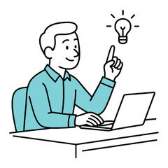 Man with Laptop Pointing at Light Bulb Idea Vector Illustration Creative Inspiration Concept