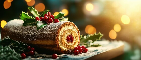 A festive Yule log cake garnished with holly and red berries, beautifully presented with a soft, warm glow from the background lights.