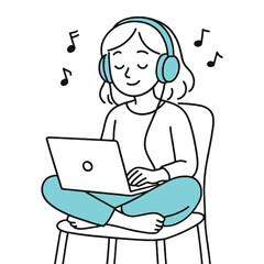 Girl with Headphones Listening to Music on Laptop Vector Illustration Relaxing Lifestyle