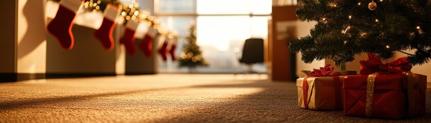 A cozy holiday scene features a Christmas tree, wrapped gifts, and stockings hung by a window, illuminated by warm golden sunlight.