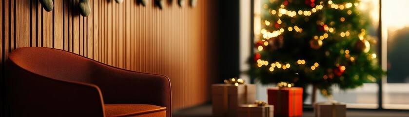 A cozy interior featuring a festive Christmas tree, warm lighting, and presents by a comfortable chair, evoking holiday cheer.