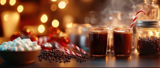 Warm mugs of coffee with steam, surrounded by festive decorations, candy canes, and coffee beans, creating a cozy atmosphere.