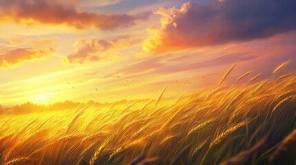 A serene sunset over golden fields, with vibrant colors reflecting in the sky, creating a tranquil and picturesque landscape.