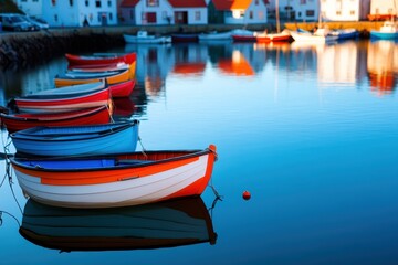 Colorful boats are moored in calm water, reflecting the vibrant hues and nearby buildings, creating a serene and picturesque harbor scene.