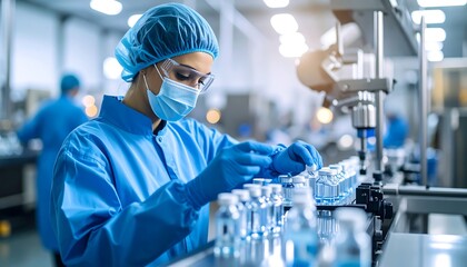 Female worker filling vials on an automated production line in pharmaceutical factory.