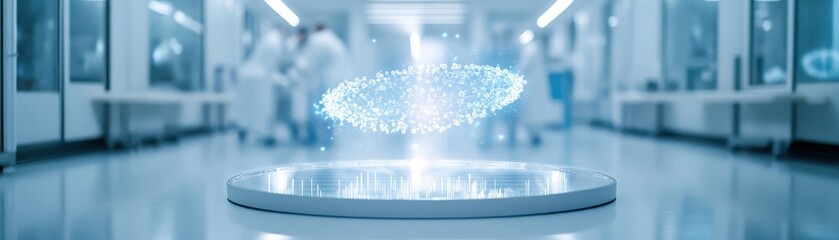 A futuristic laboratory scene featuring a holographic projection, with scientists in the background, highlighting advanced technology and research.