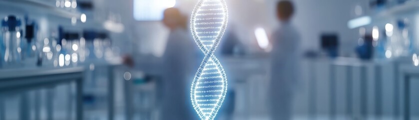 A digitally rendered DNA helix is prominently featured in a laboratory setting, with blurred figures in lab coats working in the background.
