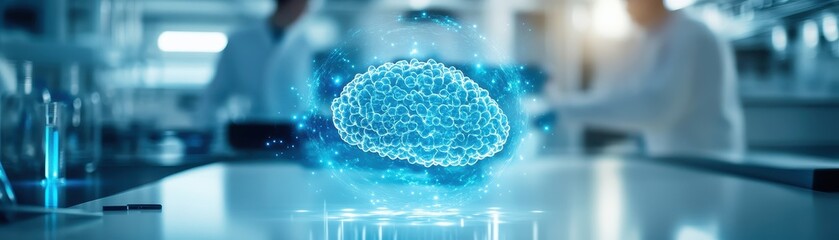 A digital representation of a glowing brain, symbolizing advanced technology and neuroscience, set against a laboratory background.