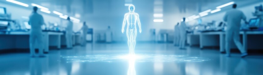 A futuristic lab scene featuring a holographic human figure with scientists in white coats working on advanced technology.
