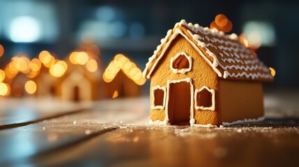 A charming gingerbread house decorated with icing and surrounded by warm, glowing lights, evoking a cozy holiday atmosphere.