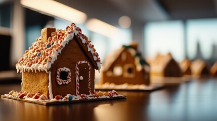 A beautifully decorated gingerbread house sits on a table, showcasing colorful candies and icing, with more houses in the background, creating a festive atmosphere.