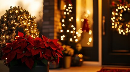 A cozy holiday entrance adorned with twinkling lights, festive wreaths, and vibrant poinsettias, creating a warm and inviting atmosphere.