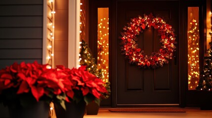 A festive front porch adorned with a red wreath and poinsettias, illuminated by twinkling lights, creating a warm holiday atmosphere.