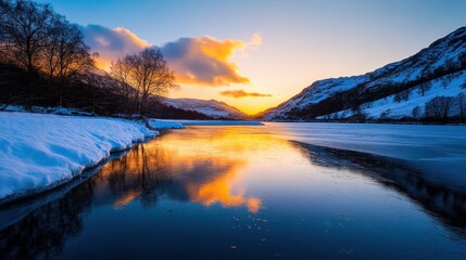 A serene winter landscape featuring a river reflecting a vibrant sunset, surrounded by snow-covered mountains and trees.