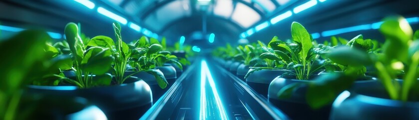 A futuristic indoor garden with vibrant green plants illuminated by blue lights, showcasing advanced hydroponic growing techniques.