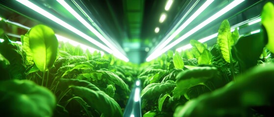 A vibrant indoor farm scene featuring lush greenery and bright grow lights illuminating rows of healthy leaves.