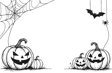 Halloween-themed black and white illustration featuring carved pumpkins, a witch's hat, bats flying, and a spooky tree with a web, perfect for seasonal decorations and invitations