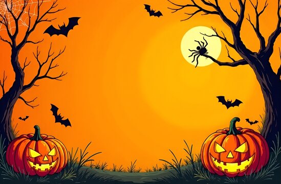 Frame with space for text in the middle for halloween, orange background, black spiders web bats hat candy candles, pumpkin witch